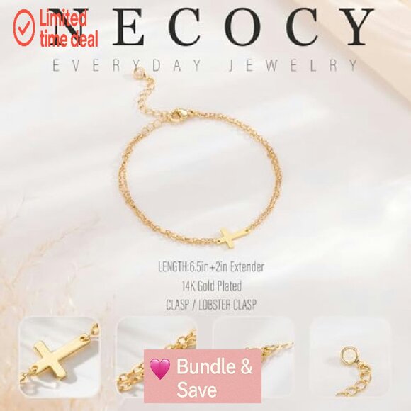 14K Gold Plated Cross Bracelet with Pearl Beads, Adjustable 9 Inch - Picture 6 of 7